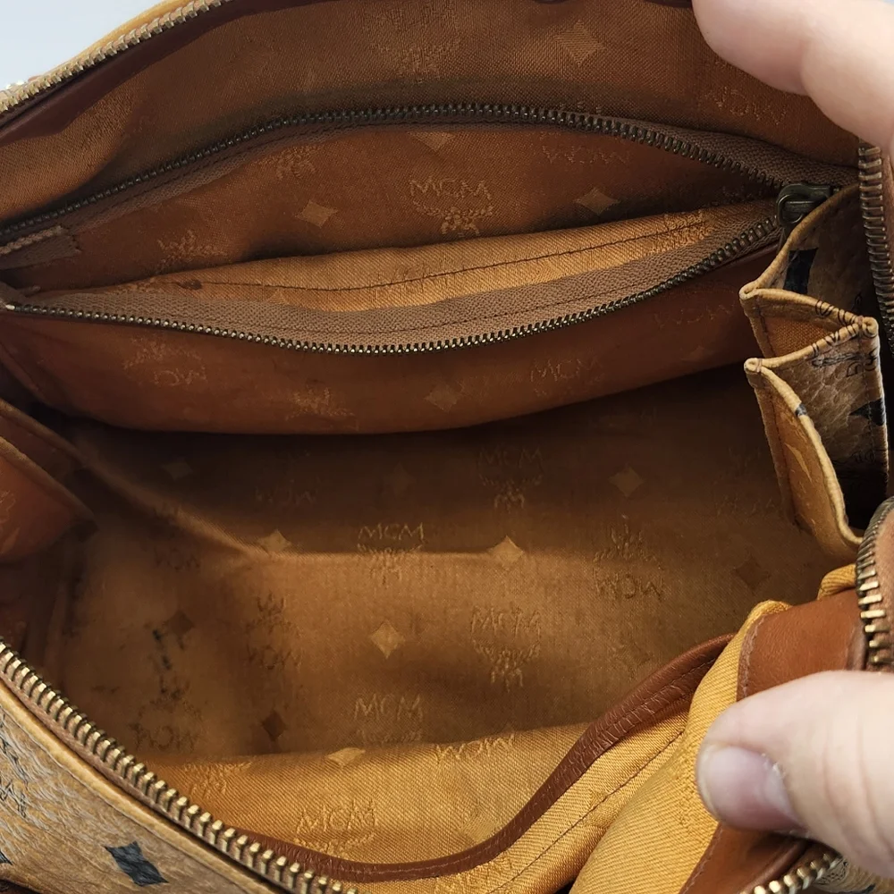 MCM Cognac Brown Monogram Satchel with Gold Hardware